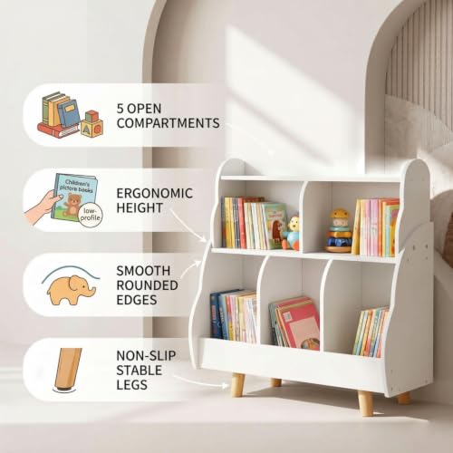 Image of Kids Bookshelf with Toy Storage, Easy Reach 3-Tier Organizer | Small Bookshelf for Kids,5 Open Storage Boxes,Curved Design,Solid Wood Legs,Anti Tip,Easy to Clean,Waterproof,Quick Assembly