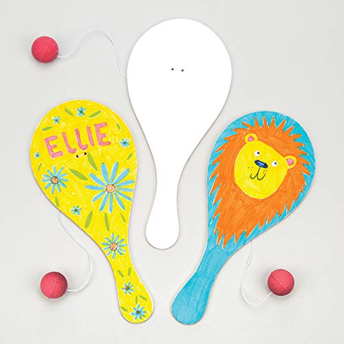 Baker Ross E891 Blanko-Paddleballschläger mit einem am Gummiband befestigten Ball für Kinder zum Gestalten und Spielen - (6 Stück), 22 cm, Weiß