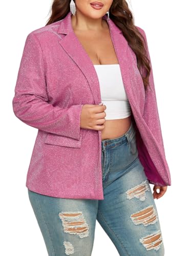 Theenkoln Womens Plus Size Blazer Jacket Collared V Neck Glitter Sparkly Long Sleeve Party Cardigan with Pocket 2024