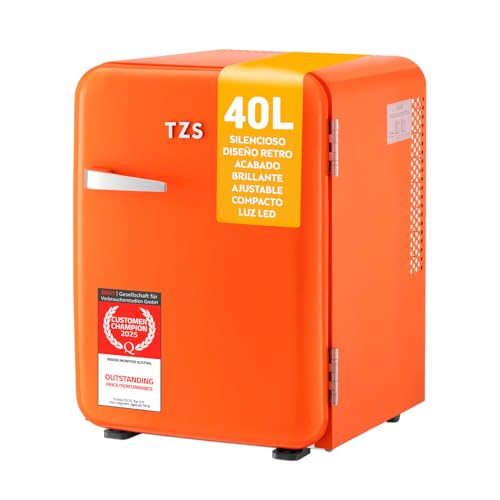TZS First Austria - Mini Frigorífico Retro 40L silencioso - Pequeño Minifrigo diseño vintage con luz interior y 2 compartimentos de puerta - Minibar para camping, oficina, dormitorio y hotel - naranja