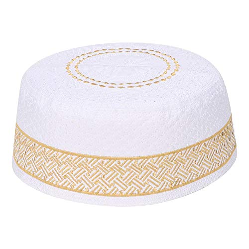 Fydun Muslimischer Gebetshut Mann Stickerei Hut Polyester Gemischte Baumwolltuch Islam Betende männliche Kopfkappe(57cm-Gelb) Cover