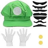 CHRI Super Bros Costume pour cosplay, accessoires de costume, bonnet, gants, chapeau, barbe, boutons pour carnaval, Halloween, cosplay, vert