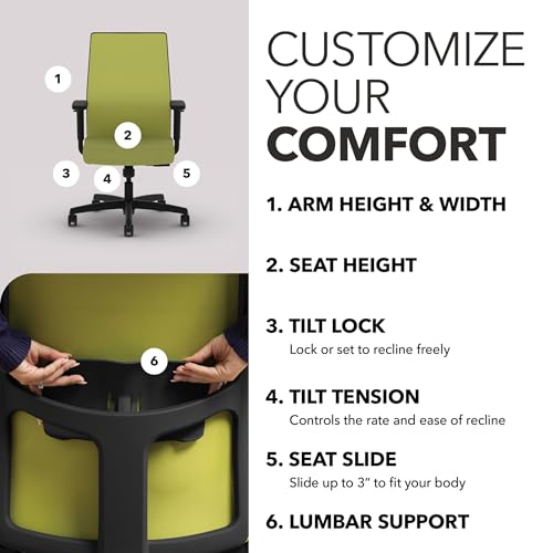 Image of HON Ignition 2.0 Mid‑Back Ergonomic Office Chair, Mesh Task Desk Chair with Lumbar Support, Standard Synchro‑Tilt, Height and Width Adjustable Arms, Black Frame, Pear