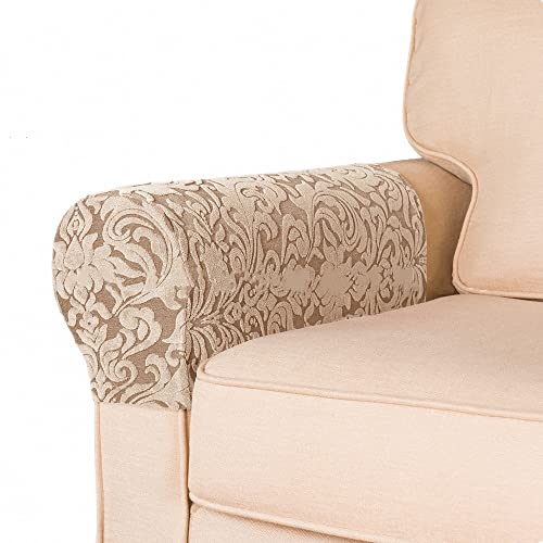 BADASS SHARKS Sofa Armrest Protectors for Armchairs, Sofas, Non-Slip Armchair, 2PCS/Set Fleece Premium Armrest Covers Stretchy Chair Sofa Couch Arm Protector Stretch Fit (Apricot Jacquard)