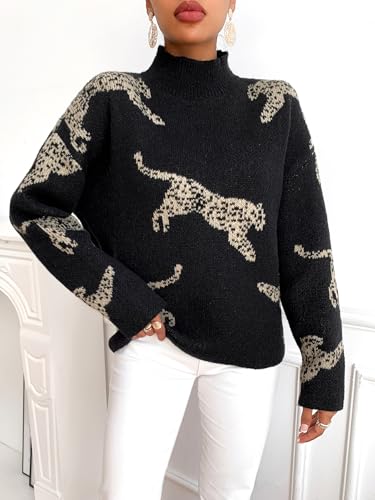 WDIRARA Women's Leopard Tiger Print Sweater High Neck Long Sleeve Fuzzy Knitted Pullover Top3
