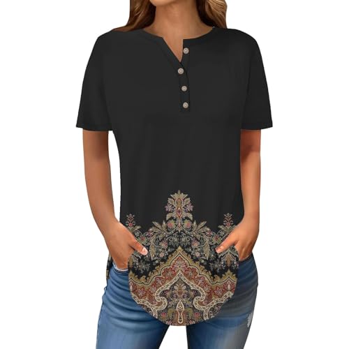 Womens Tops Summer Round Neck Casual Floral Tunic T Shirts Short ...