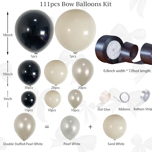 Image of Black and White Champagne Bow Balloon Arch Kit Double-stuffed Pearl Beige Cream Balloons for 2025 Graduation, Prom, Martini Birthday,Bridal Shower, Wedding,Coquette Bride Party Decorations