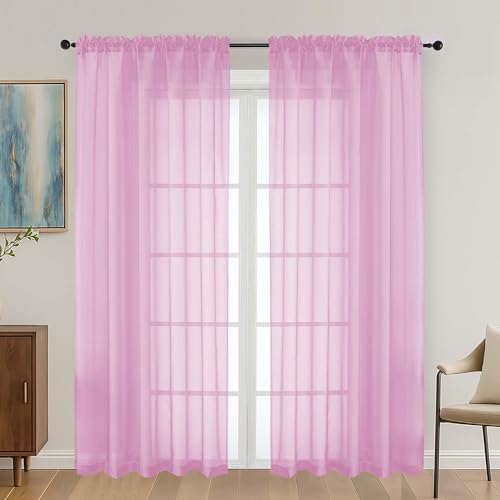Image of OVZME Light Pink Sheer Curtains 72 Inches Long 2 Panels Set, Light Filtering Sheer Curtains for Living Room Bedroom 59 Inch Extra Wide, Modern Voile Filmy Rod Pocket Window Drapes, 59Wx72L Inches