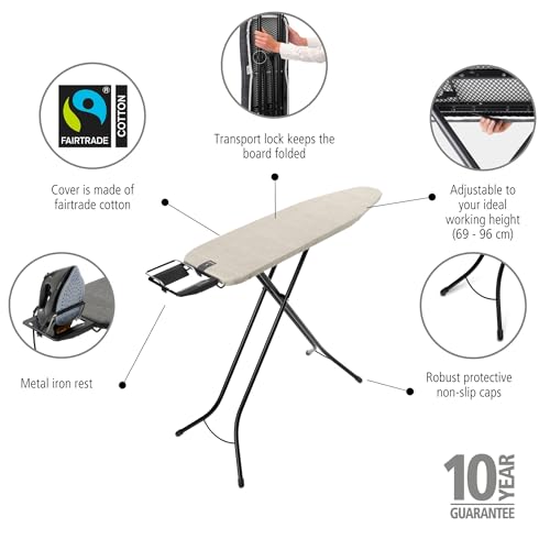 Image of Brabantia Compact Ironing Board with Left /Right Adjustable Steam Iron Rest | Small (Size A) | Fairtrade Denim Gray Cover | Adjustable Height (27-38 inch), Easy Fold, Anti-Collapse Lock, Non-Slip Feet
