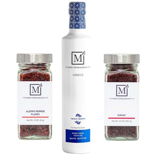 The Mediterranean Dish Aleppo Pepper, Sumac & Private Reserve Extra Virgin Olive Oil Bundle – Premium Mediterranean Everyday Cooking Trio – Bold, Bright & Fruity - Set of 3 Glass Bottles image 5