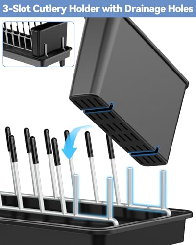 LIONONLY Small Dish Drainer with Drip Tray,Compact Dish Drying Rack for Kitchen Counter,Stainless Steel Sink Drainer with Utensil Holder,Swivel Drainage Spout,Space Saving Plate Rack - Image 5