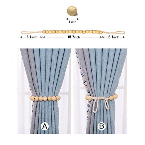 XINQIU 2 Pack Beaded Curtain Tiebacks, Decorative Rope Holdbacks, Boho Decor Wooden Beads Tie Backs for Curtains, Window Drapery Curtain Holders for Home Office, Khaki - Image 5