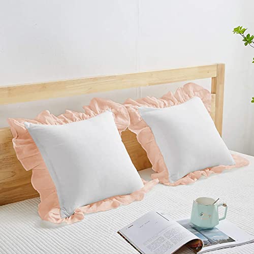 Image of YRM Bedding's Ruffle Beautiful Cushion Cover | Super Soft Elegant Premium Microfiber Frill Cushion Cover Set of 2 (16 inchx16 inch Inches) (White /Peach)