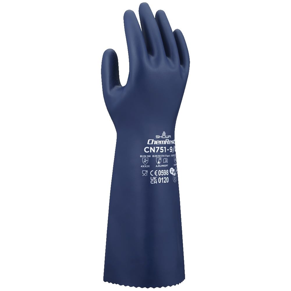 SHOWA CN751, Gant de protection chimique (Eco Best Technology), nitrile non supporté de longueur supérieure (380mm), intérieur floqué et finition avec motif de vagues, Tailles M