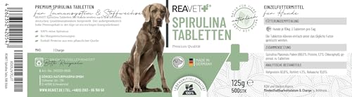 ReaVET Spirulina Tabletten für Hunde 500 Stück – in Lebensmittelqualität, 100% Reine Mikroalge in Lebensmittelqualität I Natürliche Proteinquelle, reich an Chlorophyll, Vitaminen & Mineralstoffen