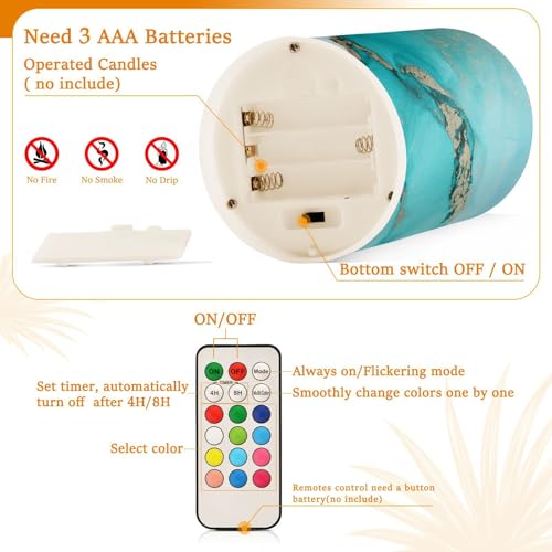 Image of Eionryn Teal Turquoise Marble Texture Flameless Candles Black and Gold Battery Operated LED Candles with Remote Timer Electric Candles for Home Party Decor 2pcs