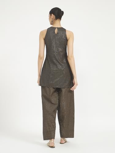 Image of FIORRA Women Black Printed Pure Cotton Straight Kurta with Farshi Salwar