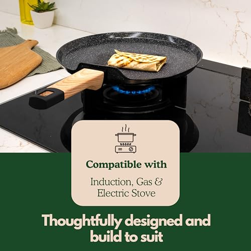 Image of Kreme Ceracook Ceramic Coated Granite Flat Tawa 28cm, ISI Certified Dosa Tawa, Forged Aluminium Body, Gas & Induction Compatible, Non Toxic, PFAS & PTFE Free, 1 Year Warranty, Midnight Black