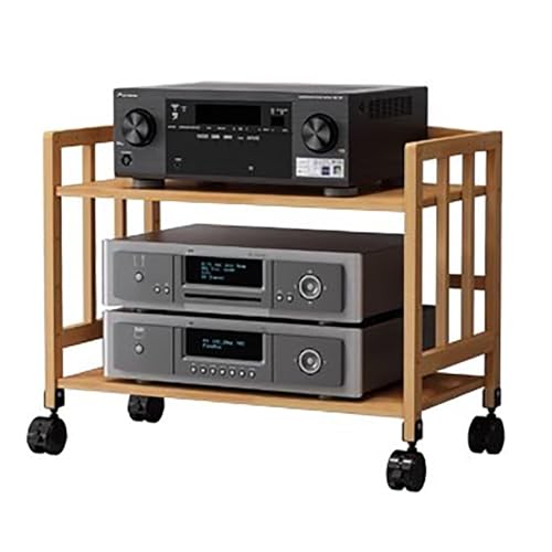 JYHHCYS Mobile Bamboo Audio Rack Cabinet Stereo Component Stand On Wheels, Multi-Layer Upright Record Player Amplifiers Media Shelf with Adjustable Shelf (Color : 2 tier-53CM Tall, Size : W-60CM)