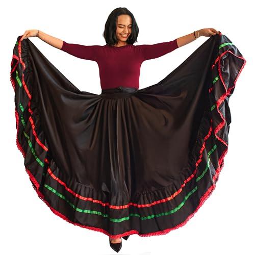 Magenta textiles Professional Dance Skirt for Folkloric Mexican Dance, Bomba, Plena or Flamenco - Double Circle - One Size - (Polycotton, Colorful Ribbons)