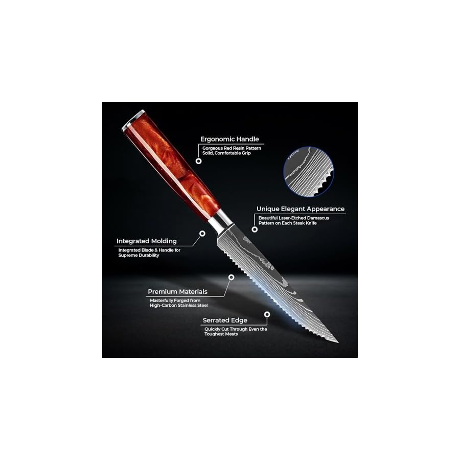 SENKEN Professional Steak Knife Set with Engraved Damascus Pattern, Razor Sharp Blade, High Carbon Stainless Steel with Beautiful Gift Box, Blue & Red Resin Handles