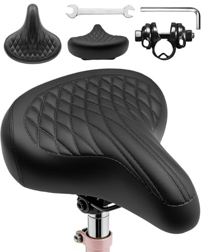 Oversized Wide Bike Seat for Men & Women Comfort Soft Vintage Bicycle Seat Waterproof Shock Absorbing Bike Saddle for Beach Cruiser Peloton Exercise Stationary Bikes EBike(Width: 9.8IN)