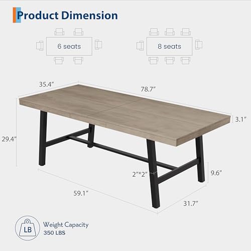 Image of GarveeHome Industrial Dining Table for 6-8 People, 78.74 inch Long Large Kitchen Table with Sturdy Metal Frame, Rectangular Counter for Dinner, Kitchen, Dining Room (Grey, 79 inch Non-extendable)