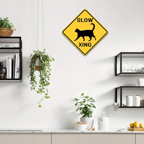 Image of Cat Xing Crossing Sign Black Cat Metal Signs Yellow Street Sign 12X12inch | Novelty Home Yard Wall Decor Indoor& Outdoor