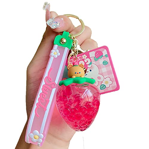 JINXUANTANG Llavero de fresa oso llavero - Líquido flotante arena movediza Kawaii animales llaveros...
