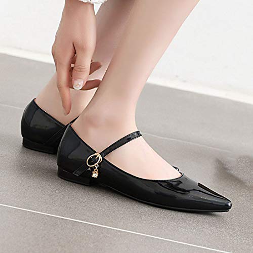 AIMODOR Womens Patent Leather Mary Jane Pointed Toe Flat Heel Ankle Strap Pumps4