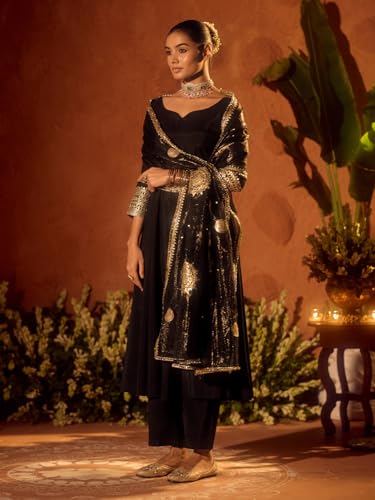 Image of FIORRA Women's Black Viscose Chanderi Embroidered Ethnic Anarkali Kurta Set with Dupatta