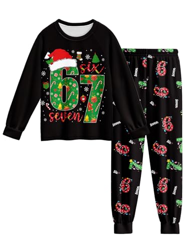 Boys Girls 67 Meme Pyjamas Set Boys Sleepwear Long Sleeve Pjs Tops and Pants 2 Piece Outfit for Kids Black