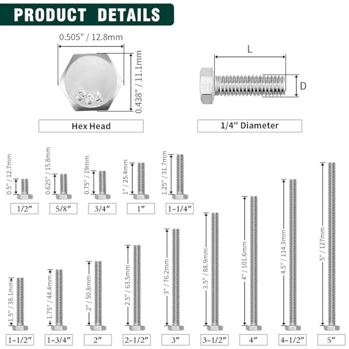 Image of (10 Sets) 1 /4-20 x 2 Hex Bolt and Nut Kit, 304 Stainless Steel (18-8), Fully Threaded, Flat & Lock Washers Included