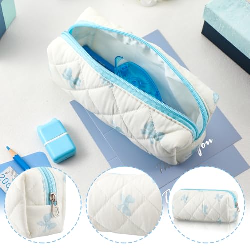 Image of Sherr Coquette Bow Pencil Case Blue Bow Cute Pencil Pouch Soft Cotton Storage Bag Aesthetic Pattern Gift Makeup Pouch Cosmetic Bag for Women Adults