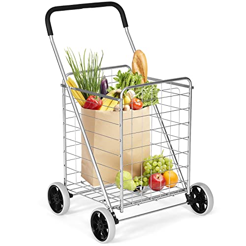 GOPLUS Carro de la Compra Plegable Multiusos 83L, Carrito Compra Portátil con 4 Ruedas y 2 Cestas, Asa Acolchada, Carga Máxima 45KG, Ideal para Lavandería Libro Equipaje, 57×58×91 cm, Plateado
