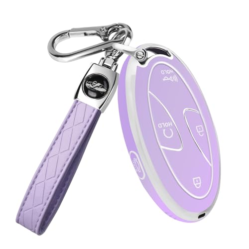 QBUC for Car Key Fob Cover TPU 360 Degree Car Key Case Protector with Leather Keychain 5 Buttons Smart Key(Purple)