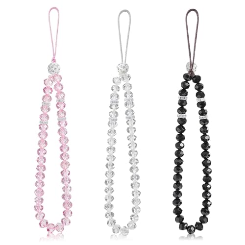 CAISYE Lot de 3 Dragonne de Téléphone Pierre Perlée, Cordons Portables en Perles de Cristal Brillantes, Empêcher la Perte et le Vol, Décoration Polyvalente