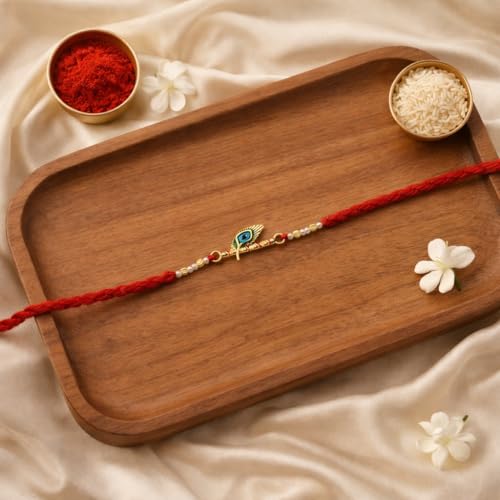 Image of I Jewels Traditional Peacock Feather Designer Rakhi for Men Boys Brother Roli Chawal & Raksha Bandhan Card