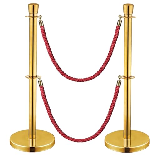 ベルトパーテーション 駐車場ポール 群衆制御支柱 伸縮式バリア 2個セット 二重構造 麻ロープ 頑丈 小売店 ホテル 美容室などに最適(Gold)