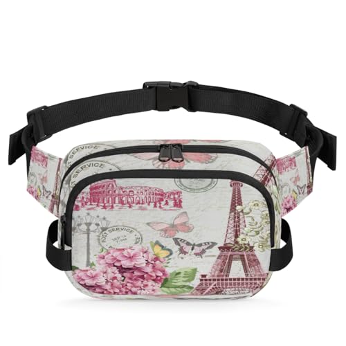 Painted Towers Butterfly Flower Waterproof Fanny Pack for Women Men Adjustable Waist Bag with Double Zipper Pockets Lightweight Square Hip Pack for Running Travel Hiking Workout Cycling