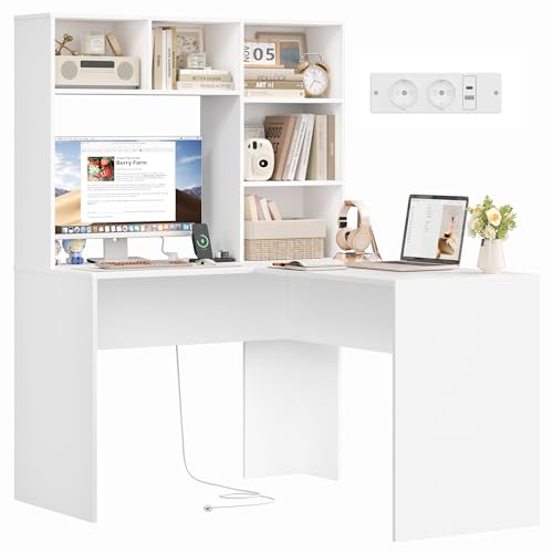 FirFurd Bureau avec Rangement avec 2 Prises 1 Type-C/USB Bureau d'angle Rangement avec 5 Étagères Grand Bureaux pour Chambre Travail Domicile en L...