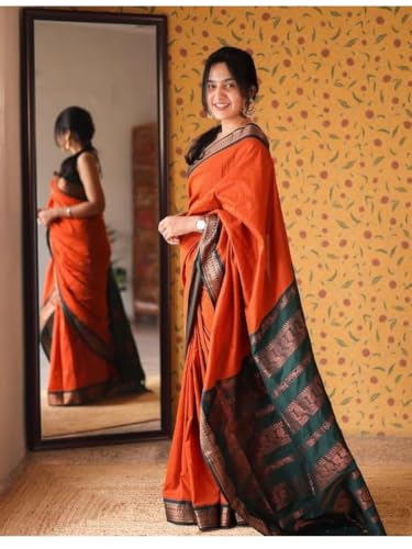 Image of Pure Kalyani Cotton Saree | Zari Border & Blouse Piece - Lata Gadwal Design | Traditional Saree