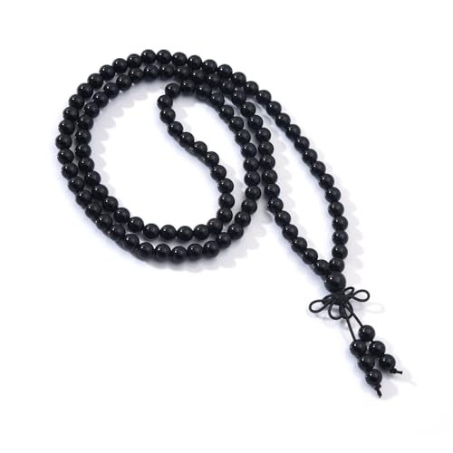 THEDAYEE 108 Mala Prayer Beads Bracelet 6mm Genuine Gemstone Healing Crystal Stone Beaded Bracelet Buddhist Tibetan Handmade Knotted Elastic Necklace for Yoga Meditation Unisex Women Men - Black Onyx