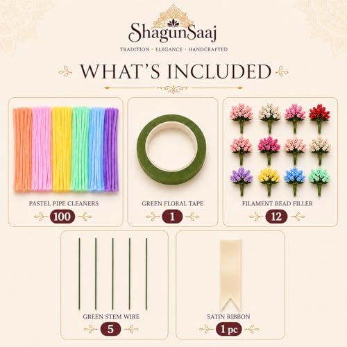 Image of ShagunSaaj Pipe Cleaners DIY Kit for Craft Flowers Bouquet With Floral Green Tape, Pollen Beads & Wire - Fuzzy Chenille Stems & Fluffy Sticks for DIY Arts & Crafts, Creative School Projects & Craft Supplies