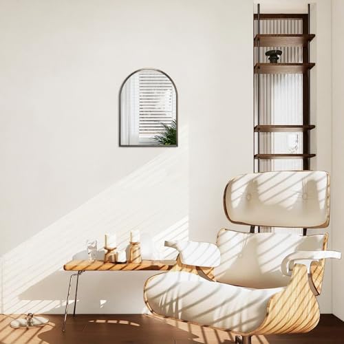 Image of Arch Metal Framed Bathroom Mirror for Wall, Aluminum Alloy Frame Brushed Wall Mounted Mirror for Livingroom Bedroom Entryway, Anti-Rust, Tempered Glass 16 inchx12 inch