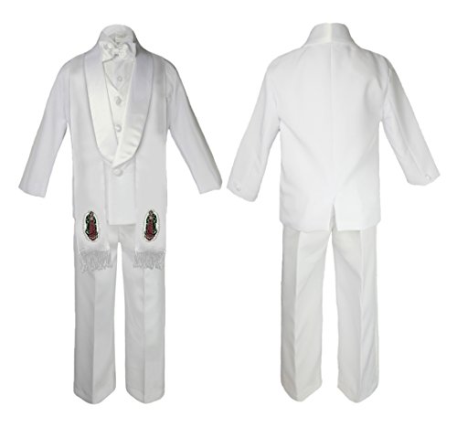 Image of Baby Boy Christening White Shawl Lapel Suit Silver Virgin Mary on Stole SM-20