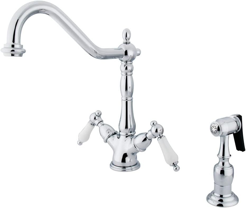 Kingston Brass KS1235PLBS Heritage 2-Handle Kitchen Faucet with Brass Sprayer and 8-Inch Plate, Oil Rubbed Bronze