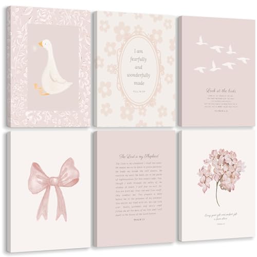 Image of Nursery Christian Wall Art Bible Verse Prints Pink Girl Nursery Room Canvas Wall Decor Coquette Bow Poster Jesus Boho Scripture Pictures Vintage Floral Artwork for Bedroom 8x10x6 Inch Wrapped Canvas
