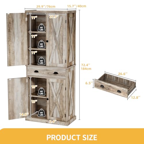 DWVO 72'' Farmhouse Kitchen Pantry, Rustic Wood Kitchen Storage Cabinets with Adjustable Shelves & Drawer, Tall Freestanding Cupboard for Dining Room, Living Room, Retro Gray