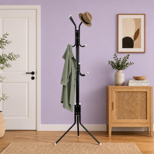 Image of LEOPAX Metal Coat Rack Stand with 12 Hooks, Freestanding Garment Rack, Coat Hanger Stand, Hall Tree Organizer for Entryway, Bedroom, Home & Office, Black